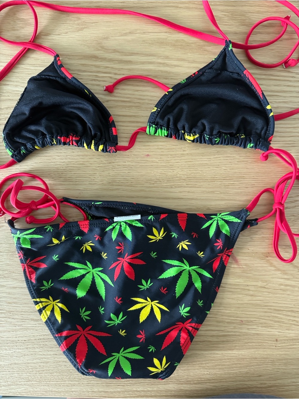Black Triangle Bikini with Red, Green & Yellow Cannabis Leaf Print - Small - Picture 3 of 4